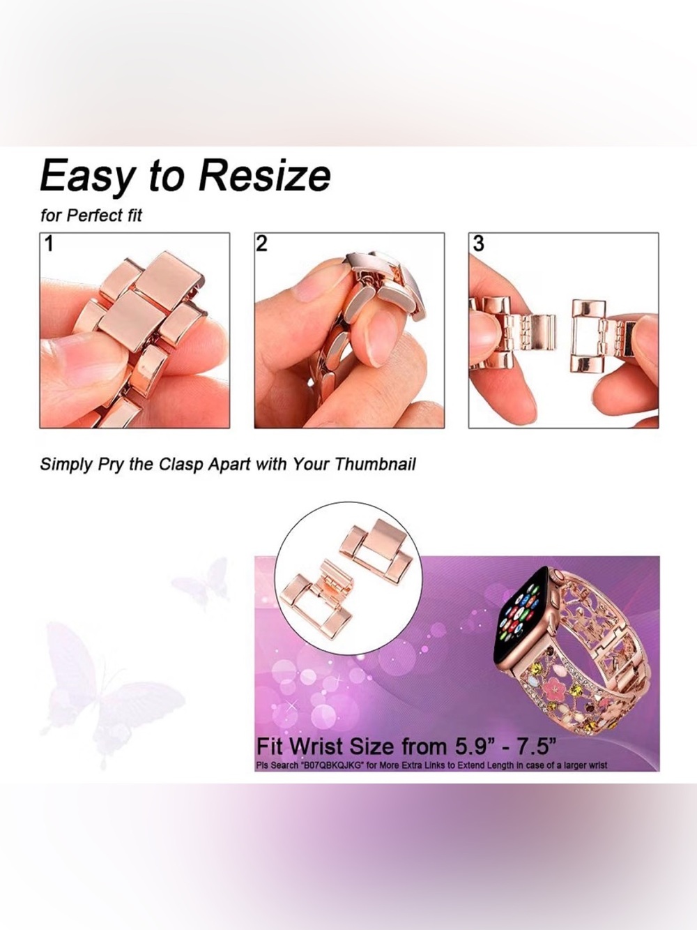 Rose Gold Floral Crystal Apple Watch Band 42/44/45/46/49mm series 11/10/9/8/7 - Picture 9 of 10